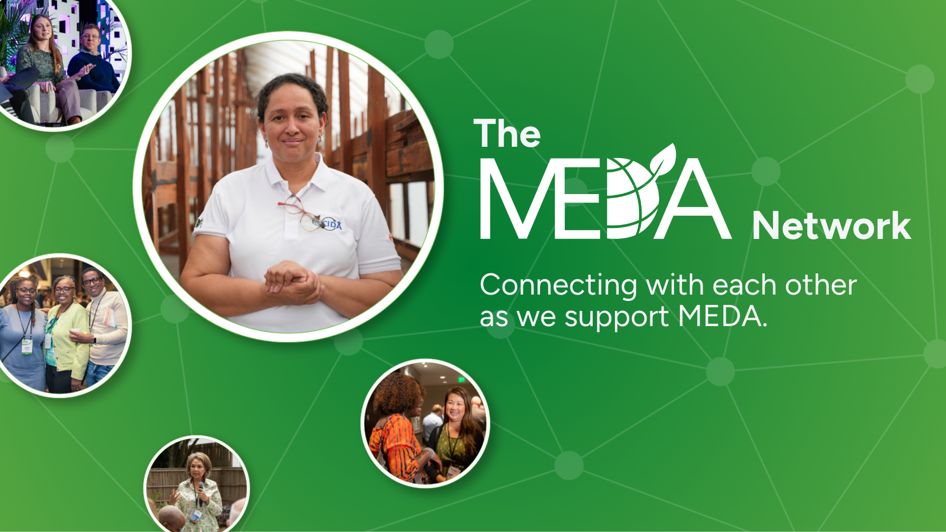 Banner for The MEDA Network featuring a woman in a white polo inside a circular frame on a green, interconnected background with the slogan.